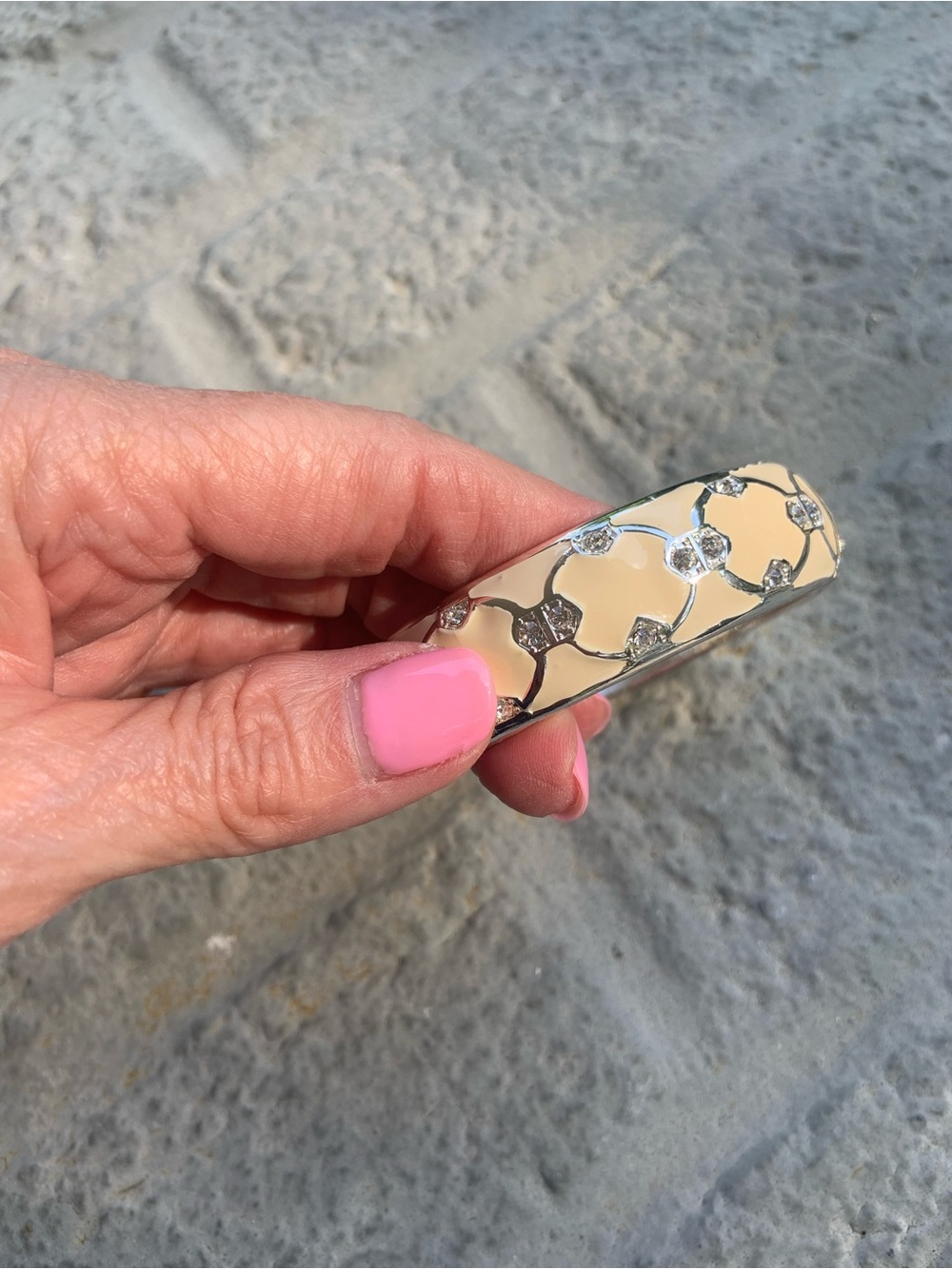 Cream Enamel Bangle Bracelet with Silver Lattice Detail